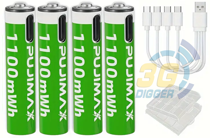 Комплектация PUJIMAX 1.5V AAA 1100 mWh (4шт+кабель+коробка)