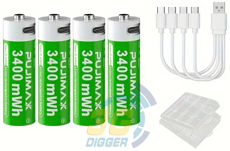 Комплектация PUJIMAX 1.5V AA 3400 mWh (4шт+кабель+коробка)